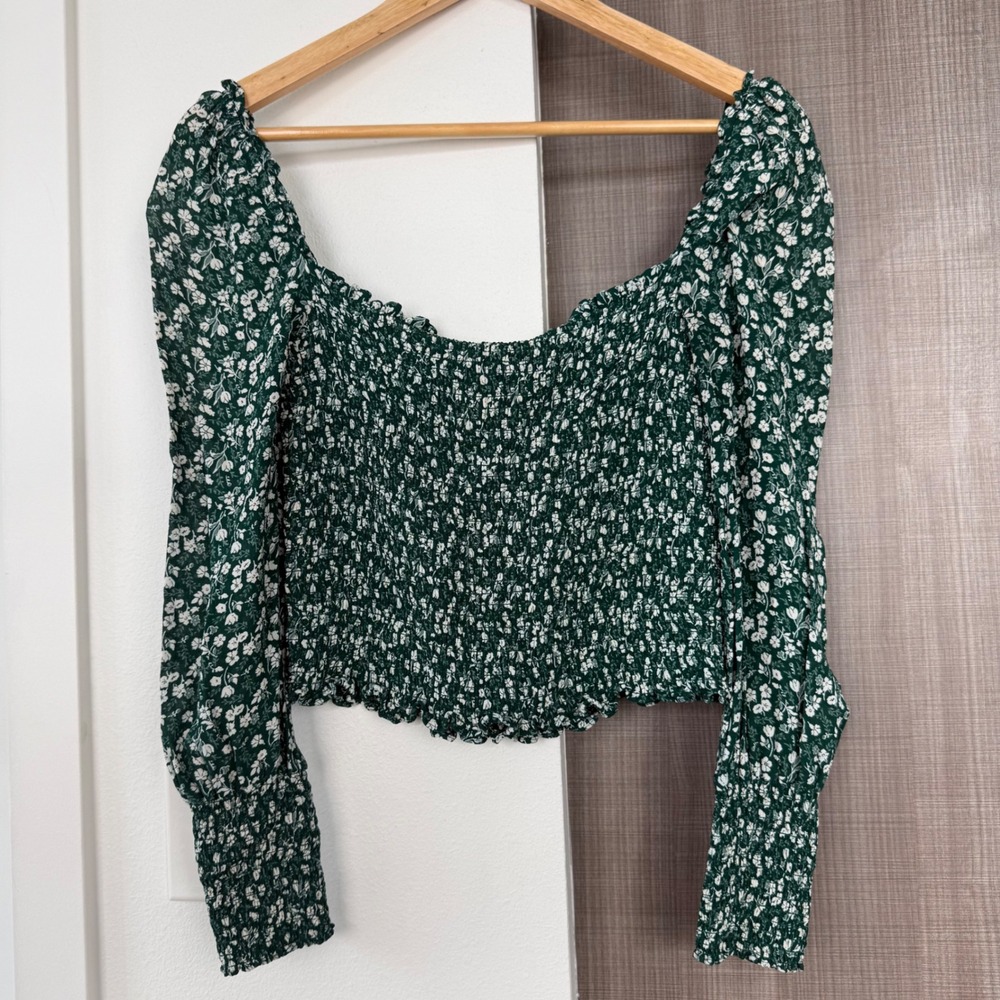 Reformation Green Pinto Top Parsley Floral Print Smocked Blouse Size Medium - Picture 4 of 13